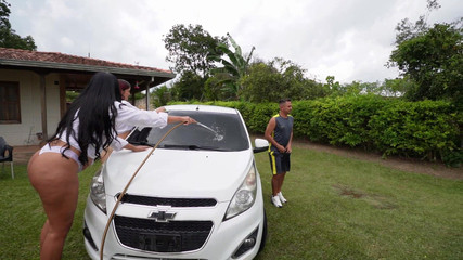 Two Hot Car Washers Wash His Car and End up Fucking Him in a Dirty Threesome